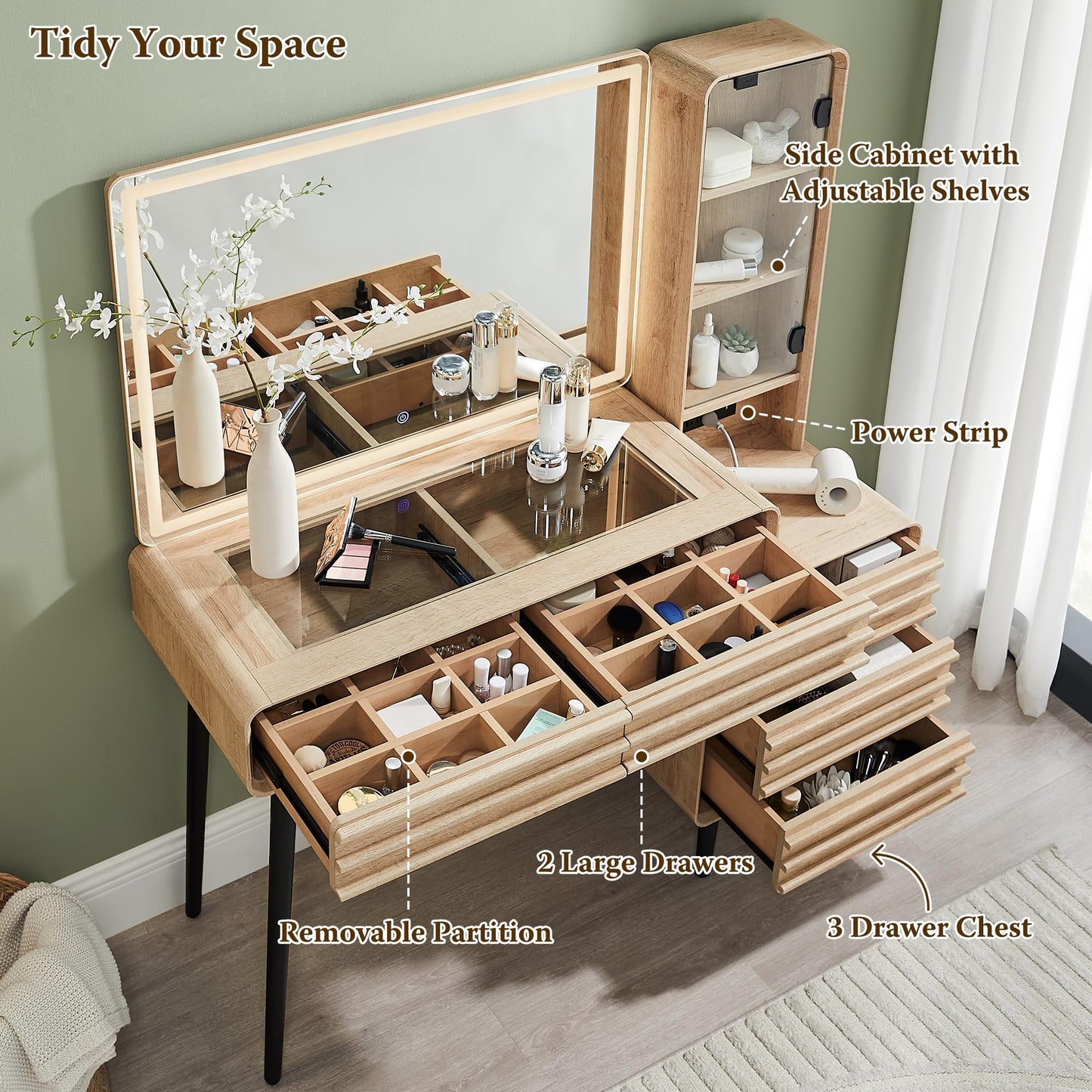 Fluted Makeup Vanity Desk with Large 35" HD Lighted Mirror, 48" Mid Century Modern Glass Top Vanity Table with 5 Drawers & Adjustable Shelf, Dressing Table w/Charging Station for Bedroom, Natural Oak