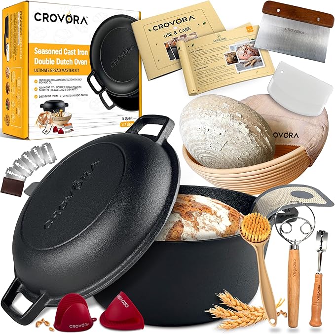 Pre-Seasoned Cast Iron Dutch Oven for Bread Baking with Skillet Lid - Incl. Sourdough Bread Baking Supplies like Banneton Bread Proofing Basket, 5QT Cast Iron Bread Pan, Bread Oven