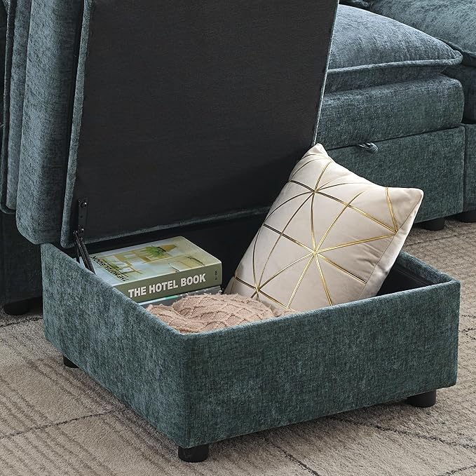 Abbrevi 27" Large Square Ottoman with Storage, Modern Upholstered Footrest with Anti-Slip Legs for Couch Coffee Table Living Room, Bedroom, Entryway, Chenille Blue