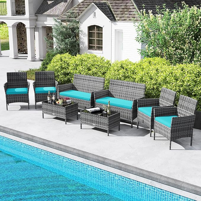 RELAX4LIFE 8-Piece Patio Furniture Set - Rattan Outdoor Conversation Bistro Set w/Cushions, Glass Coffee Table, Wicker Chairs & Loveseat for Pool Garden Backyard Porch Balcony (2, Mix Grey-Turquoise)