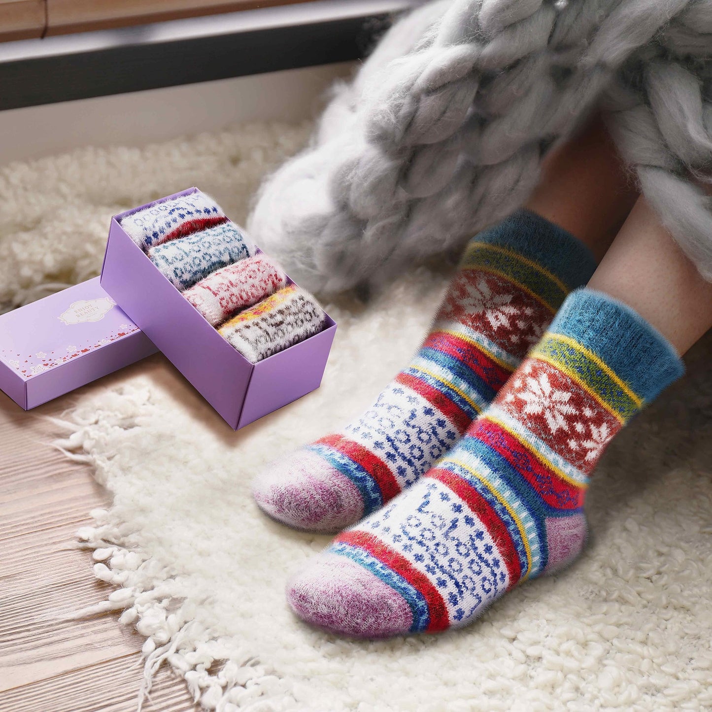 ICEIVY 5 Pair Fuzzy Cozy Fluffy Socks for Women, Warm Comfy Soft Casual Home Sleep Winter Wool Socks, Gifts for Women