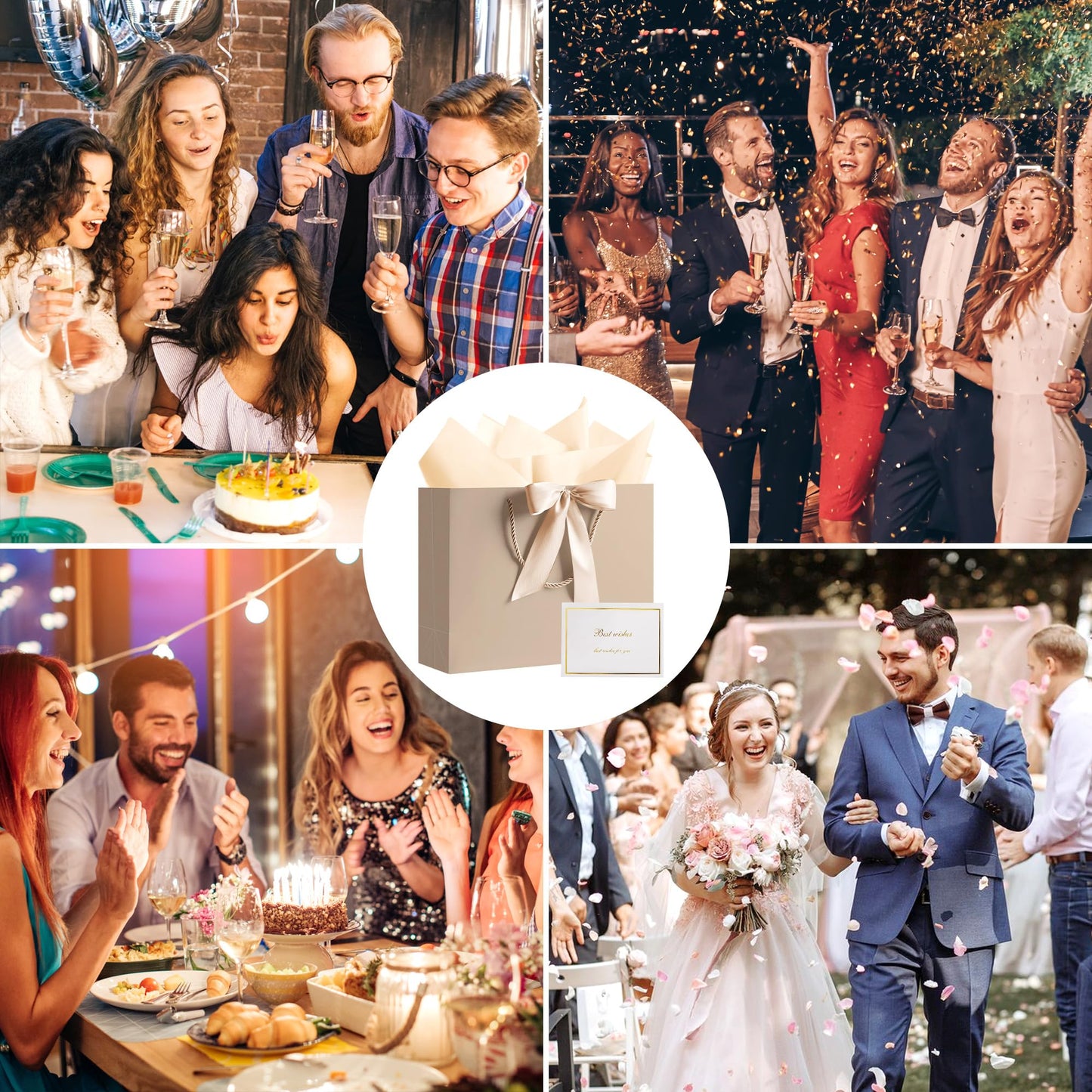 PASEOTA 12.6" Gift Bags Bulk, 10 Pcs Gift Bags with 20 Tissue Paper 10 Greeting Cards, Luxury Bag with Handles for Anniversary Wedding Birthday Christmas (Champagne)