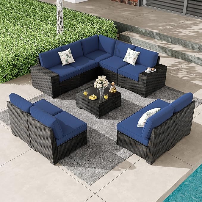 SunloungeCo Patio Furniture Set, 10 Pieces Outdoor Couch Sofa with Wider Armrests & Glass Coffee Table, Outdoor Sectional Furniture with Thick Cushions for Party, Poolside,Garden-Navy
