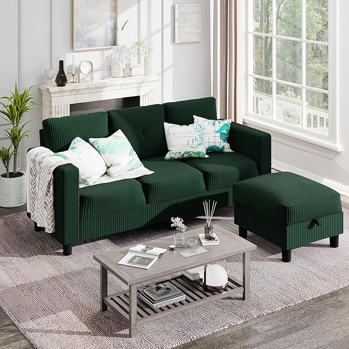 Shintenchi 76" Modern Upholstered Sectional Sofa, L-Shaped Couch with Storage Ottoman and Reversible Chaise for Living Room, Green Linen Fabric