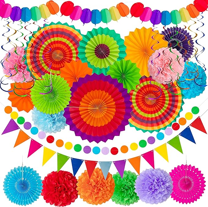 35PCS Fiesta Paper Fan Party Decorations Set - Cinco De Mayo Pom Poms,Pennant,Garland String,Banner,Hanging Swirls Hispani...
