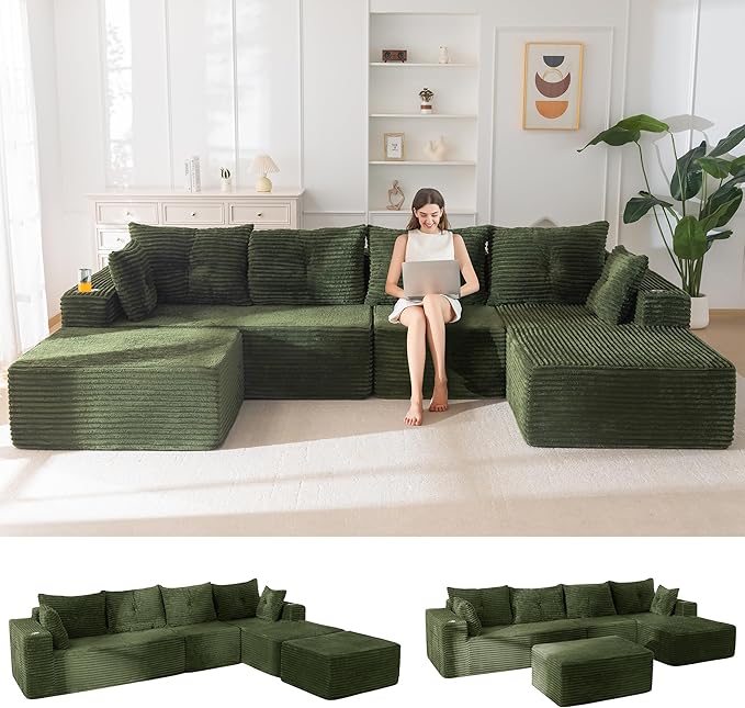 MAXYOYO 132" Giant U-Shaped Modular Sectional Couch, Modern Boneless Couch for Living Room, Sofa in A Box, Oversized Sofa Sleeper with Deep Seat, No Assembly Required, Green