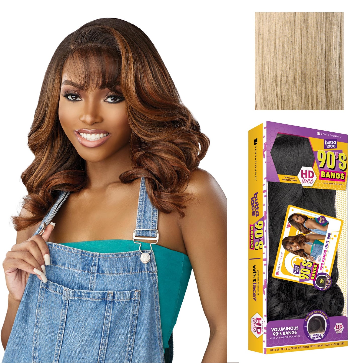 Sensationnel Butta Lace 90Sbangs Wigs - Unit 908 Glueless Wide Deep Part Synthetic Preplucked Hairline (BEIGEBLONDE)