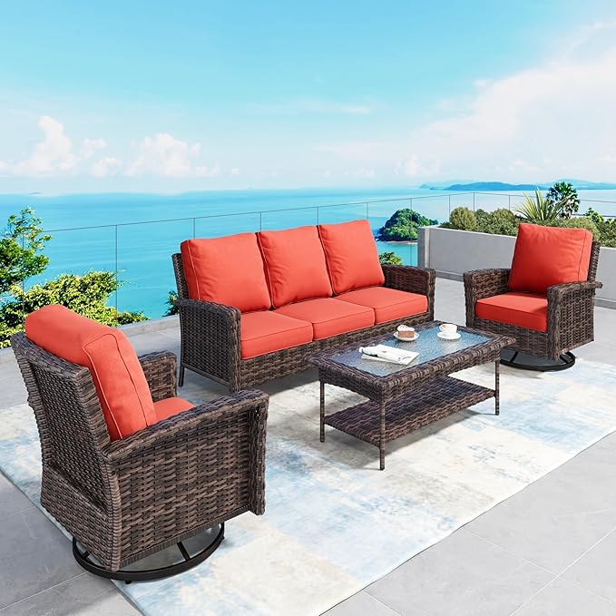 SUNSHINE VALLEY Patio Furniture Set with Swivel Chairs, High Back Wicker Rattan Furniture with 5.5" Thick Cushions and Coffee Table, Outdoor Conversation Set for Backyard Deck, 5 Seats, Red