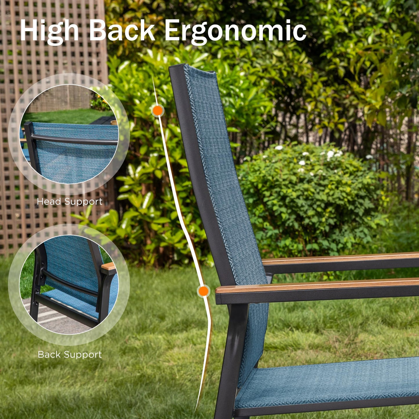 PHI VILLA Outdoor Stackable Chairs, Patio Chairs Set of 6, Light Weight Aluminum Frame with Textilene Fabric & Wood Armrest, High Back Deck Chairs for Poolside Lawn Garden, Blue