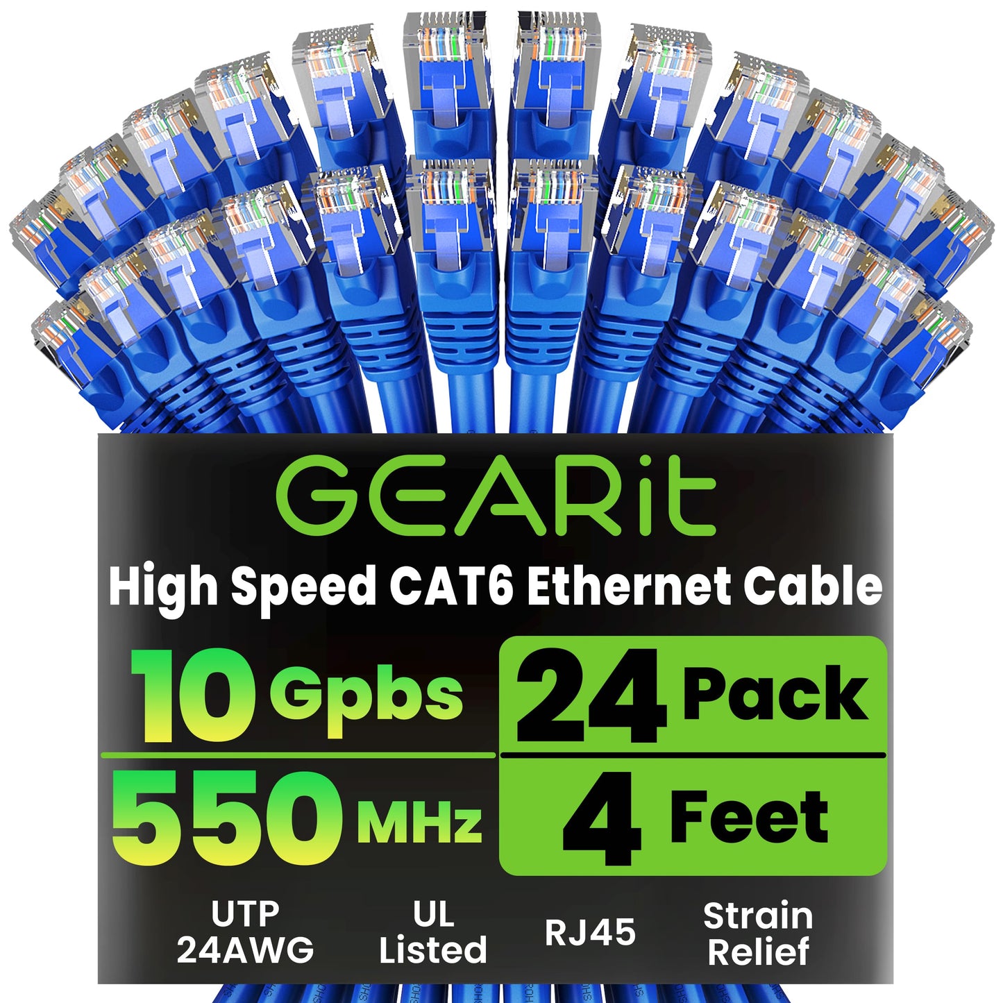 Gearit Cat 6 Ethernet Cable Pack - 24-Pack 4 Ft Cat6 Ethernet Patch Cables | Rj45 Network Patch Cable, 10 Gbps Snagless Gold-Pla