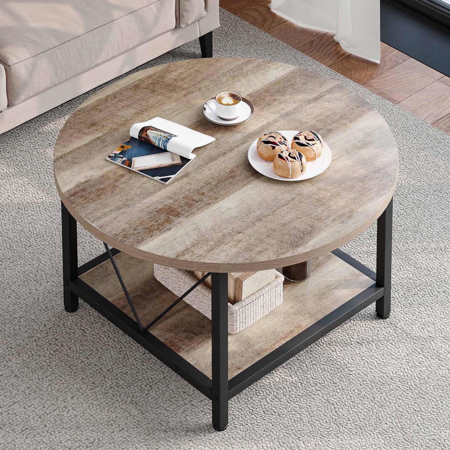 YITAHOME Round Coffee Table, Rustic Wood Coffee Tables for Living Room, Farmhouse Circle Coffee Table with 2-Tier Storage, Center Table with Sturdy Metal Legs Storage Shelf, Grey Wash