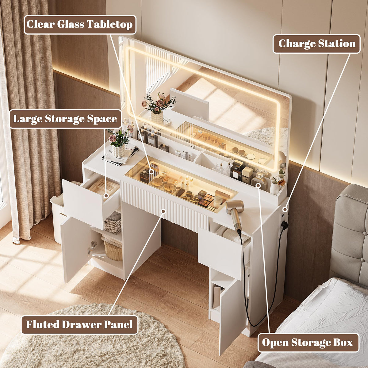 44" Vanity Desk with Large Mirror and Lights, Modern Glass Top Makeup Vanity Set with Power Outlet, 3 Drawers and 2 Cabinet, 3 Lighting Color Adjustable Dressing Table for Bedroom,Pure White