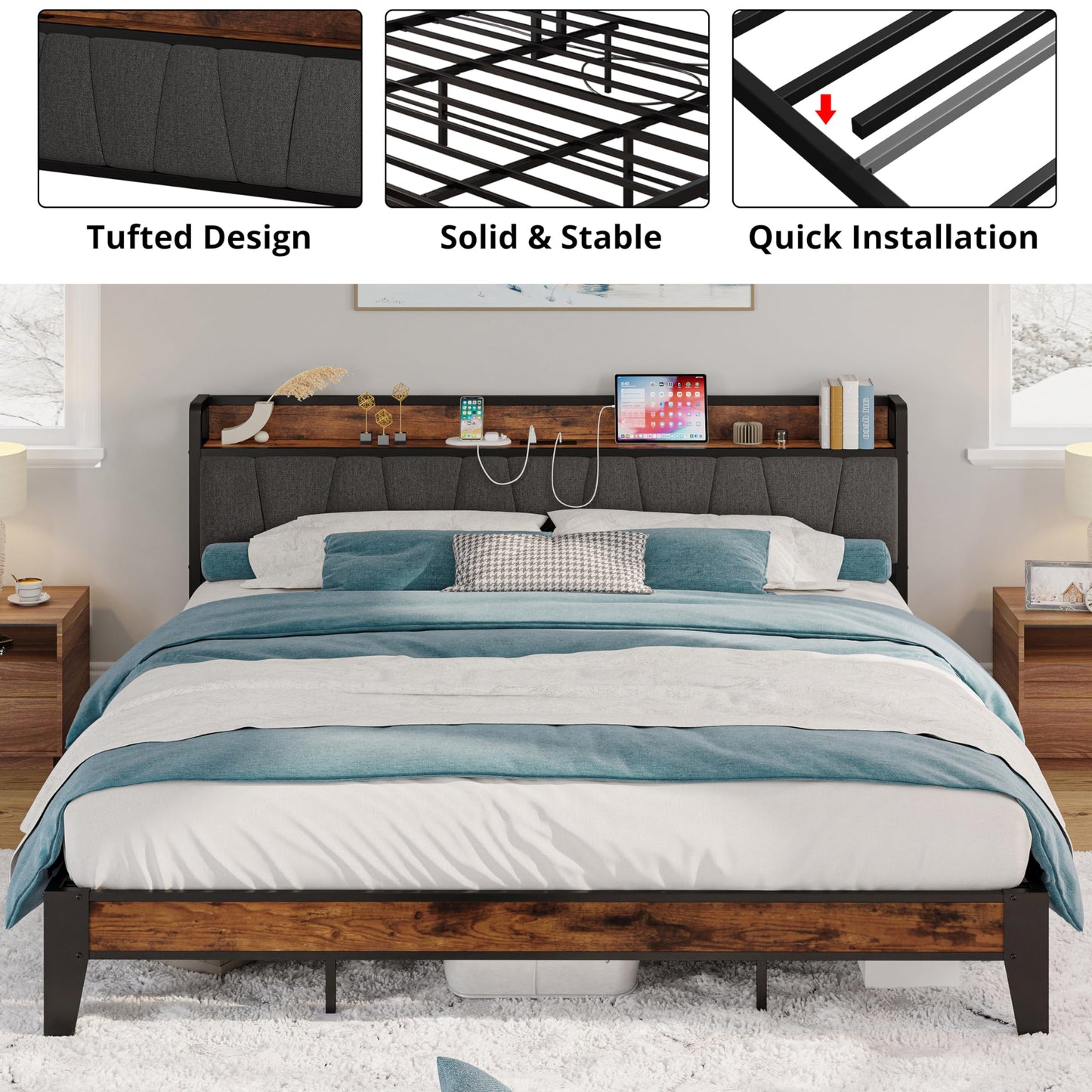 LIKIMIO California King Bed Frames, Storage Headboard with Charging Station, Solid and Stable, Noise Free, No Box Spring Needed, Easy Assembly