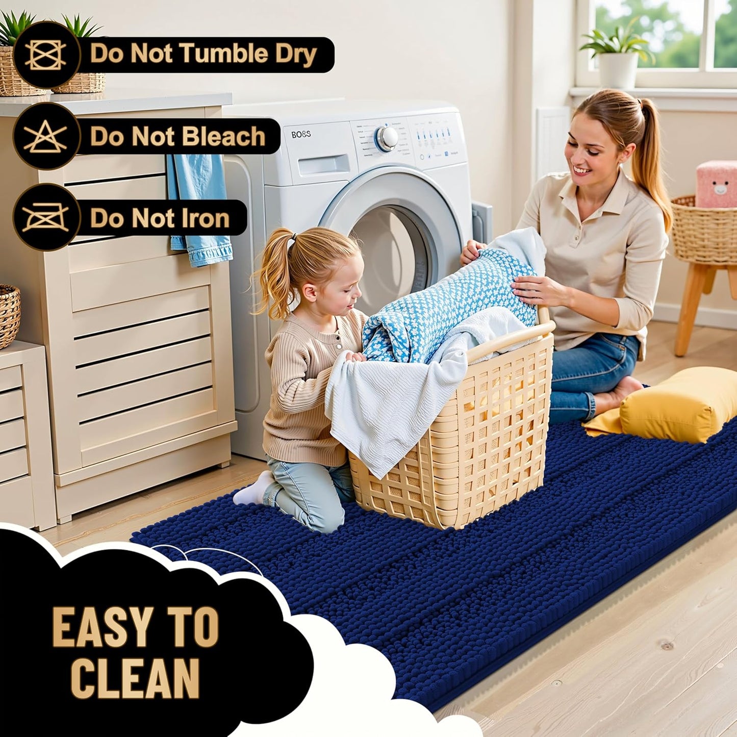 OLANLY Thick Bathroom Rugs 30x20, Extra Soft Absorbent Chenille Striped Bath Rugs, Rubber Backing, Machine Wash Dry, Bath Mats for Bathroom Floor, Tub and Shower, Home Decor Accessories, Navy