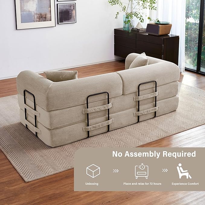 79" 5-in-1 Folding Convertible Sofa Bed, Oversized Corduroy Futon Floor Couch with Pull-Out Sleeper, Modular Boneless Loveseat for Small Spaces, Living Room, Bedroom (Beige)
