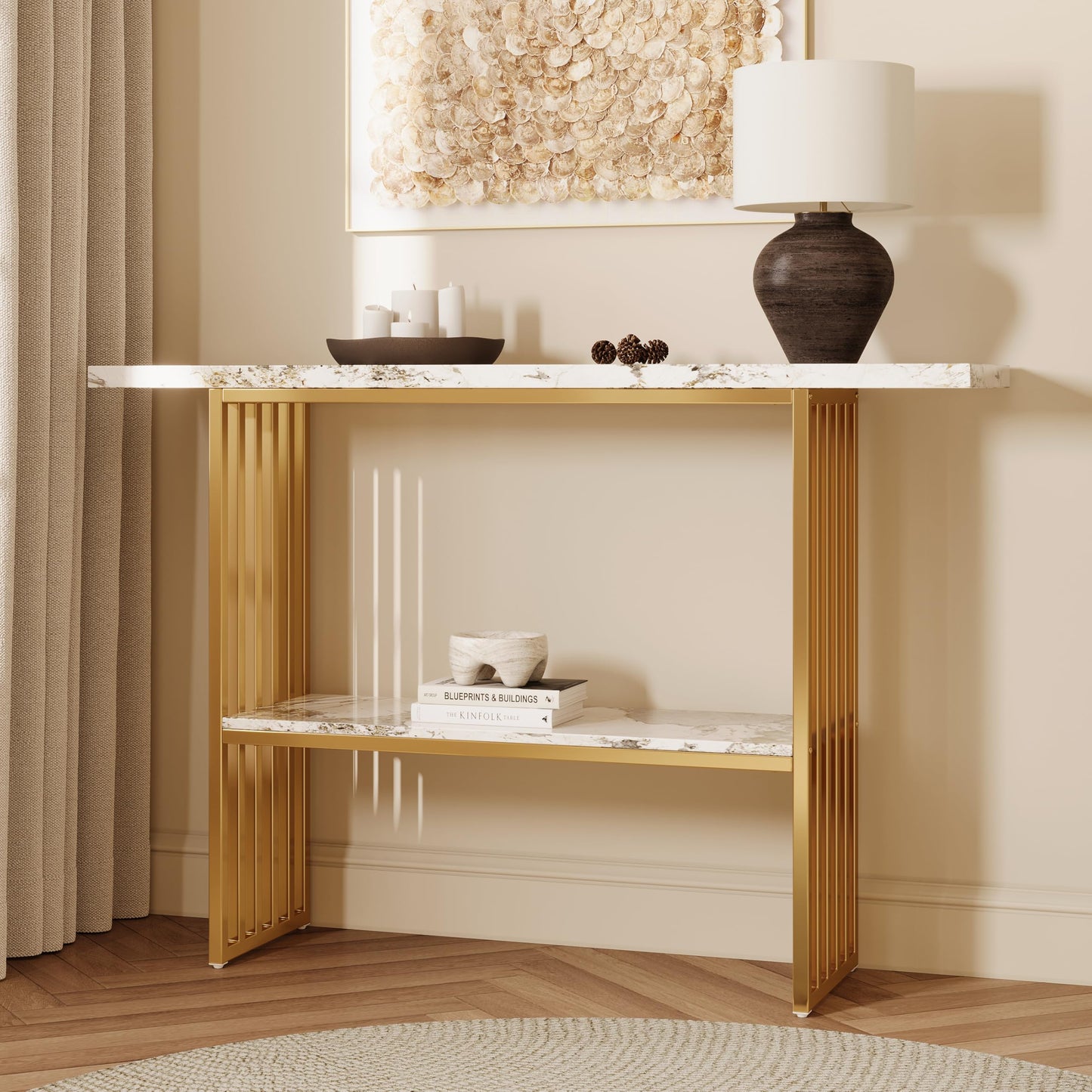 GDFStudio 47.2" Modern Console Table with Shelf, Luxury Narrow Entryway Table with Faux Marble Top and Gold Metal Frame, Sofa Tables Behind Couch for Living Room Foyer Hallway, Gold White
