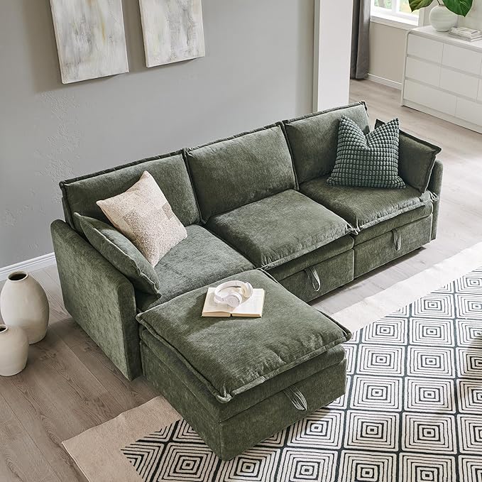 85.83" Sectional Couches for Living Room, Cloud Couch Sectional with Large Storage Ottoman, L-Shape Modular Sectional Sofa with 5 Seater Chenille Sofa and Pillow for Apartment, Bedroom, Green