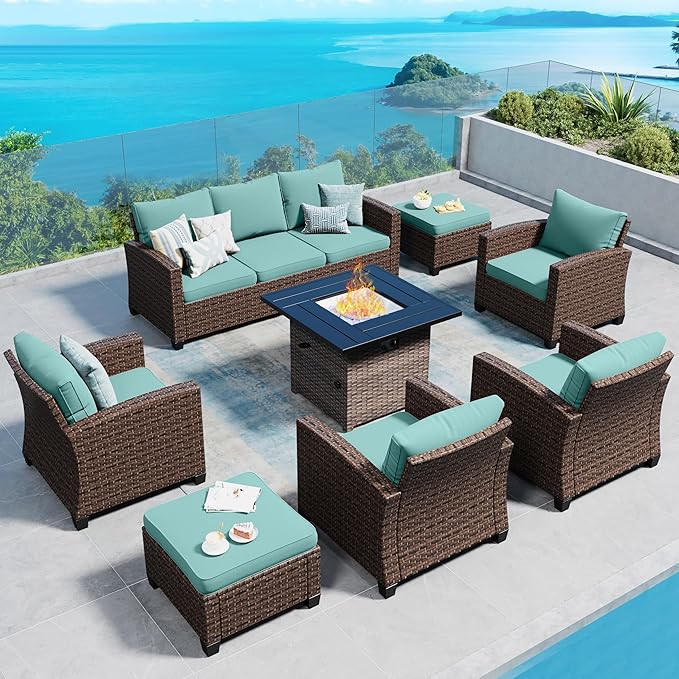 SUNSHINE VALLEY Patio Furniture Set Outdoor Furniture Brown Wicker Rattan Patio Conversation Sets with Cushion Outside Sofa Set,7 Pieces with Firepit Table,9 Seats,Blue