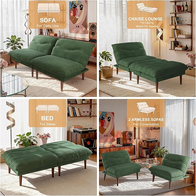 DreamDashio Futon Sofa Bed, 4 in 1 Multi-Functional Futon Couch with Adjustable Backrest, 75 inch Convertible Sleeper Sofa Bed and Recliner Lounge, Corduroy Loveseat for Living Room, Apartment, Green