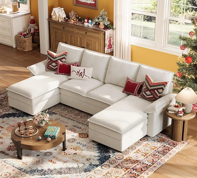 LINSY HOME U Shaped Cloud Couch Sectional Sofa, 115" Modular Couches with Double Chaise Lounge, Chenille 4 Seater Sofa Set for Living Room, Apartment, Office, Beige