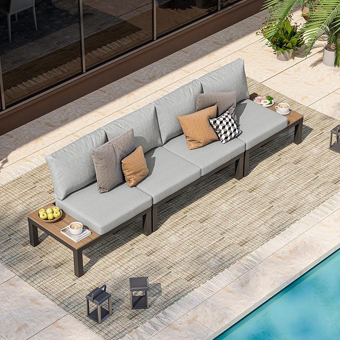 Oasbira Aluminum Outdoor Patio Furniture Set, 4 Seats Modular Patio Sectional Sofa Set with Adjustable Backrest & Removable Cushions, All-Weather Outdoor Conversation Sets for Garden & Yard, Gray