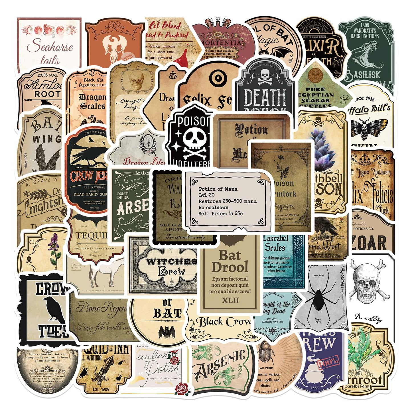 TWGOGOTIC Potion Label Stickers 50Pcs Magic Potion Stickers Water Bottle Waterproof Aesthetic Vinyl Laptop Luggage Skateboard Computer Stickers for Kids Teens Adult
