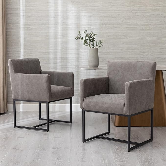 Set of 4 Upholstered Dining Chairs with Armrest, PU Leather Modern Accent Armchairs, Kitchen & Dining Room Chairs Side Chairs, Grey