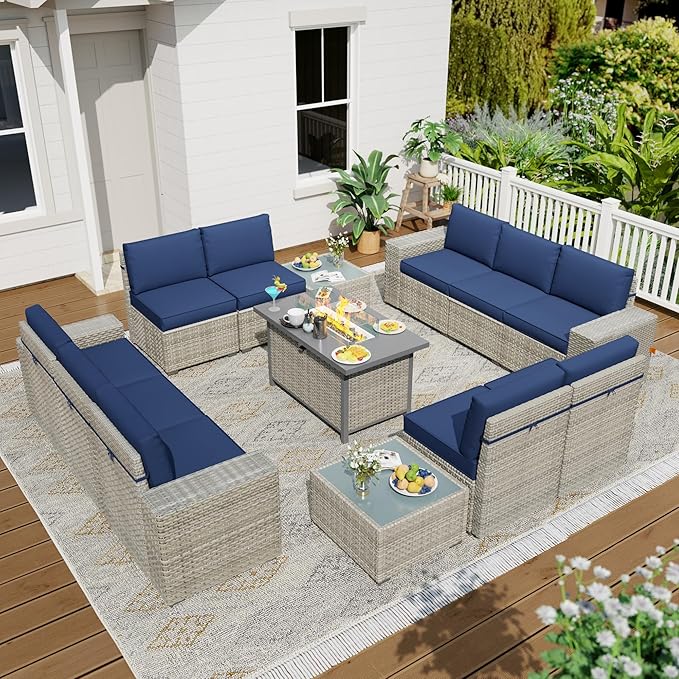Broivira 13 Piece Patio Furniture Set with 50,000 BTU Rattan Fire Pit Table That Converts to Coffee Table, 9.8" Wide Arm Sectional Sofa with Storage Armrests, Outdoor Rattan Conversation Set, Blue