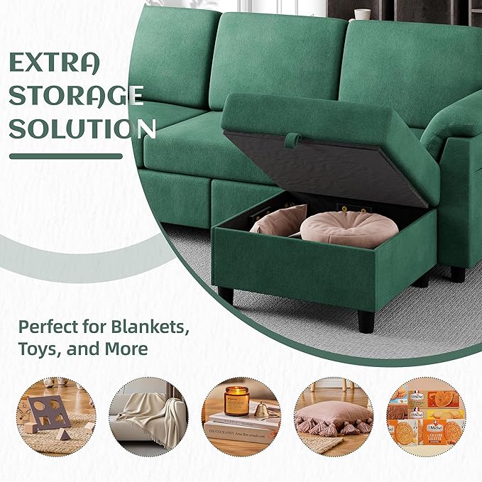 Vongrasig 79" Convertible Sectional Couch Sofa with Storage Ottoman, 3 Seat L Shaped Couch with Side Storage Pockage, Small Couches for Living Room, Apartment and Small Space (Green)