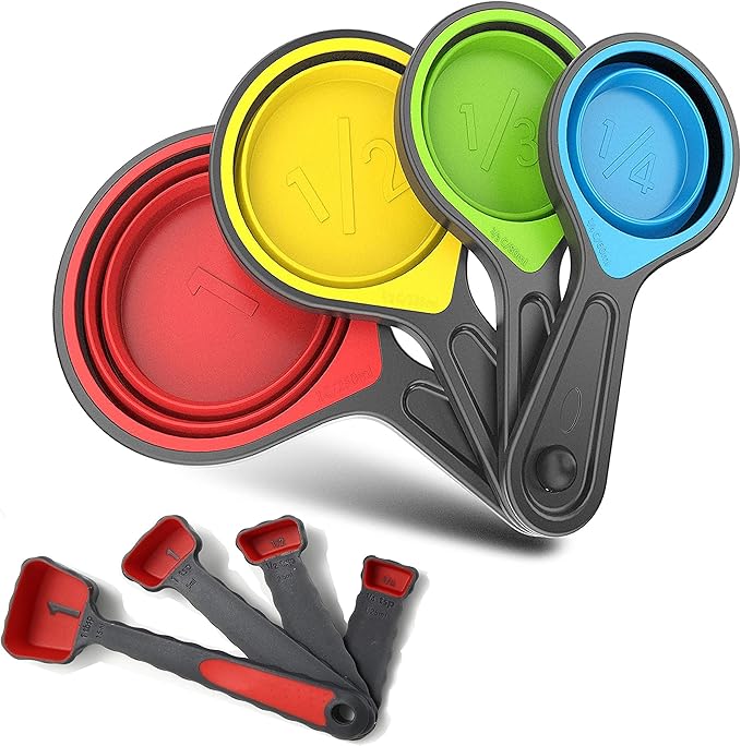 Collapsible Silicone Soft Measuring Cups and Measuring Spoons,8 pieces Portable Food Grade Silicone Measurement Cup for Li...