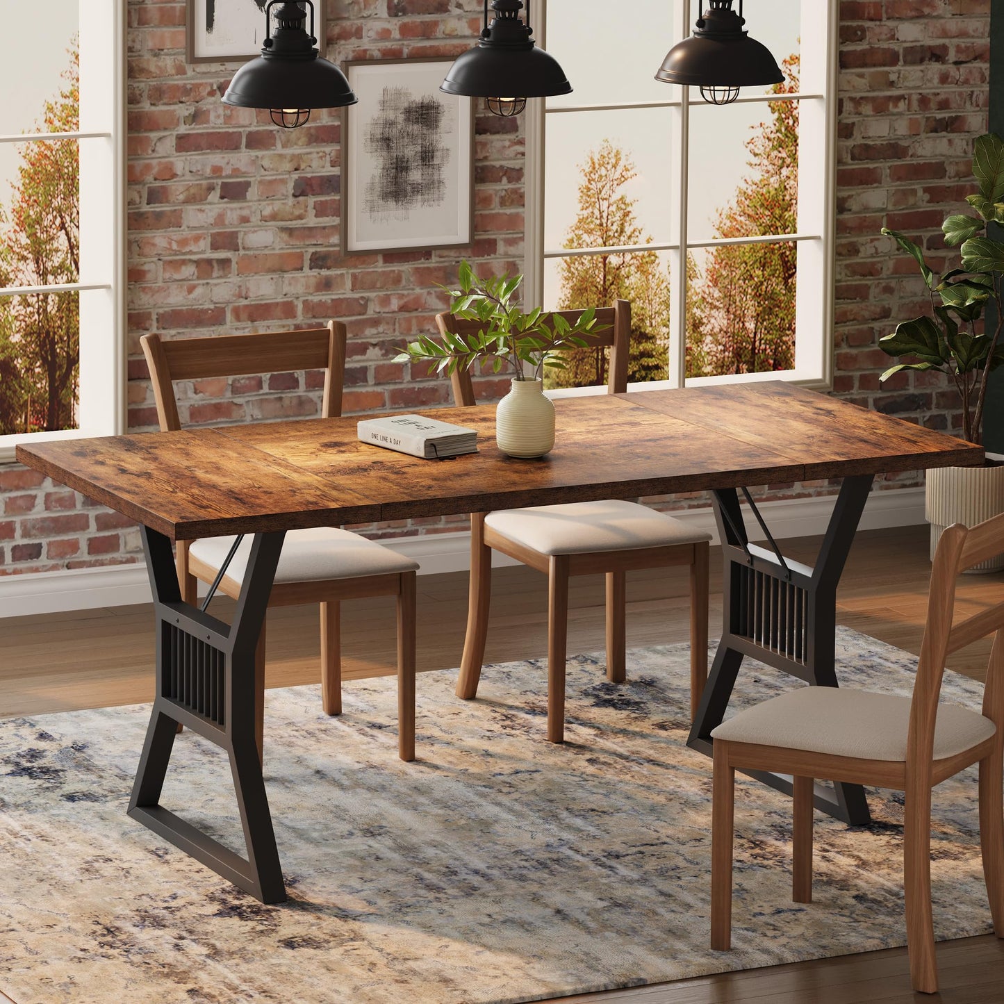 GarveeHome 70.8 in Dining Table 4-6 Person, Kitchen Table with Heavy Duty Metal Legs, Farmhouse Dining Room Table for Kitchen, Living Room