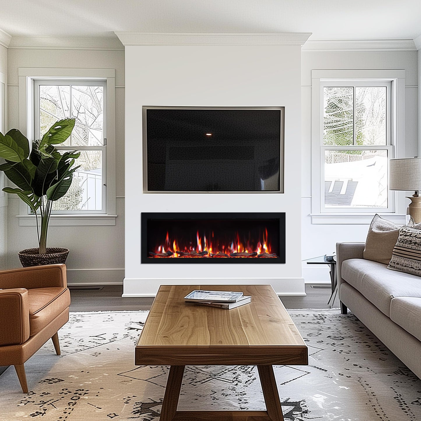 PuraFlame Bernice 50 Inch Smart Linear Electric Fireplace - Clean Hidden Vent Design, Flame with 9 Colors, Recessed in-Wall or Wall-Mount or Free Standing, Compatible with Alexa and Google Assistant