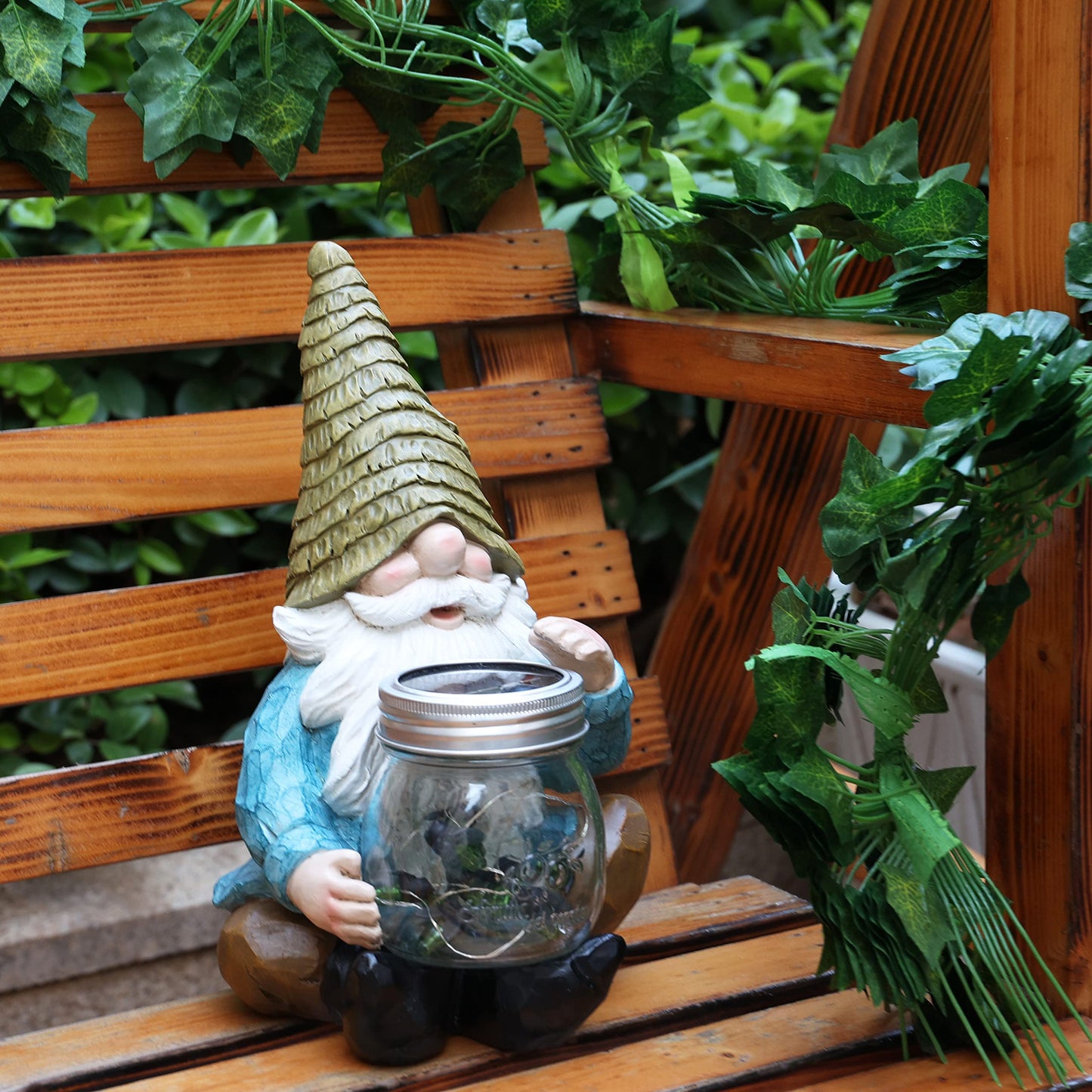 Vcdsoy Solar Firefly Jar Gnome Waterproof- Large Garden Gnome Funny Solar Outdoor LED Lights Resin Statues 10.6" Lantern Figurines Decorations Birthday Gifts for Mom Women - Unique Housewarming Gifts