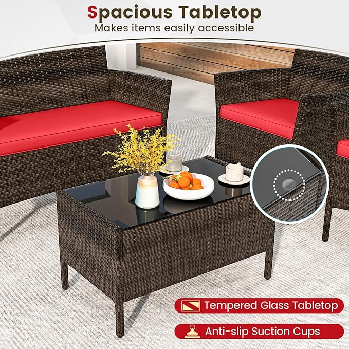 HAPPYGRILL 8 Pieces Outdoor Rattan Conversation Set, Patio Wicker Furniture Set with Loveseat Chairs & Tempered Glass Coffee Table, Outside Sectional Sofa Set for Backyard Garden Poolside, Red