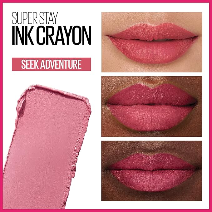Maybelline Super Stay Ink Crayon Lipstick Makeup, Precision Tip Matte Lip Crayon with Built-in Sharpener, Longwear Up To 8Hrs, Seek Adventure, Warm Pink, 1 Count