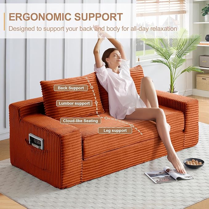 73" Convertible Sofa Bed, 2 in 1 Folding Couch Bed, Boneless Couch in a Box, Cloud Loveseat Sleeper, Fold Out Comfy Floor Futon Sofa with 2 Pillows for Living Room Bedroom, No Assembly (Orange, 73")