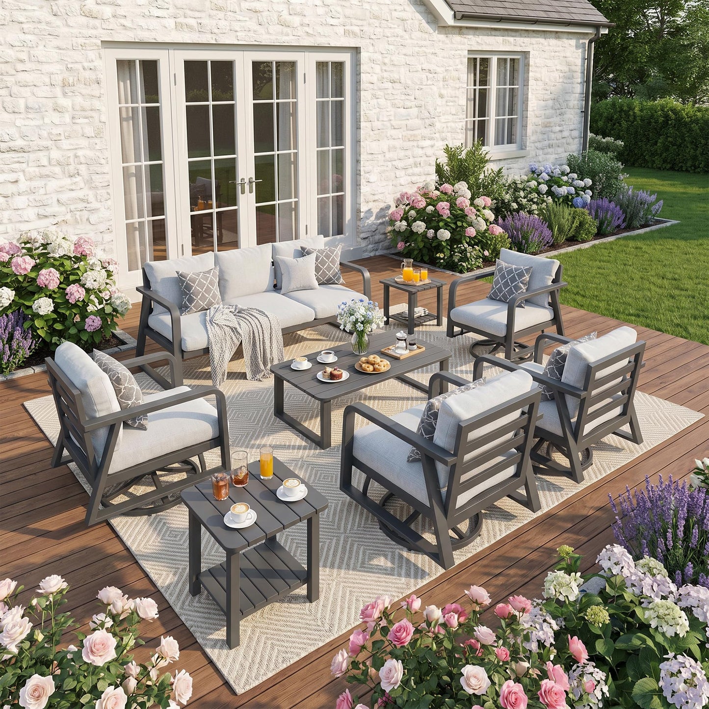 Outdoor Patio Metal Furniture Set 8 Pieces, Luxury Aluminum Outdoor Conversation Set, Aluminum Patio Outdoor Metal Furniture Set for Backyard, Garden, Poolside, Sunroom, Deck