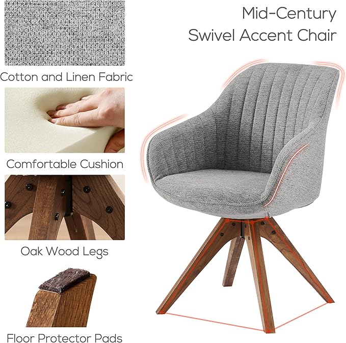 Art Leon Swivel Dining Chair - Mid Century Modern Fabric Upholstered Dining Room Chair with Wood Legs, Leisure Side Chair with Arms for Living Room, Gray