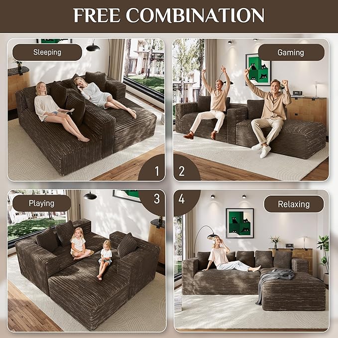 Modular Sectional Sofa, 107" L Shaped Cloud Couch Plush Corduroy Deep Seat Boneless Sofas with 5 Pillows Long Chaise Lounge Couches Memory Foam for Living Room - Brown, Right Facing Chaise