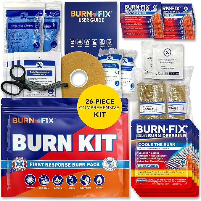 BurnFIX® Burn Kit First Aid Recommended by Doctors, Comprehensive 25pcs First Aid Kit Includes Burn Gel, Burn Dressing, Gl...