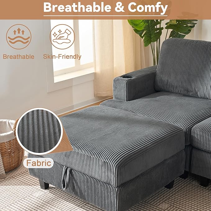 90" L Shaped Modular Sectional Sleeper Sofa, Soft Corduroy Sectional with Armrests, 2 Cup Holders & 2 USB Ports, 21" Deep Seat Cloud Couch for Living Room, Bedroom & Office (Grey, 3 Seat + 1 Ottoman)