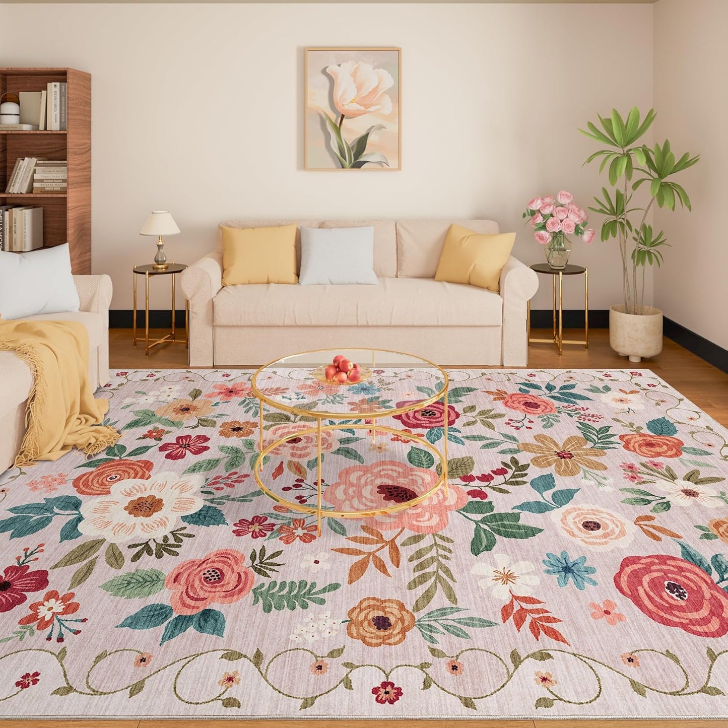DUKINO 9x12 Area Rug, Floral Rugs for Living Room, Lightweight Non Slip Washable Rug, Indoor Low Pile & Non-Shedding Boho Design Rugs for Bedroom, Living Room, Dining Room, Beige