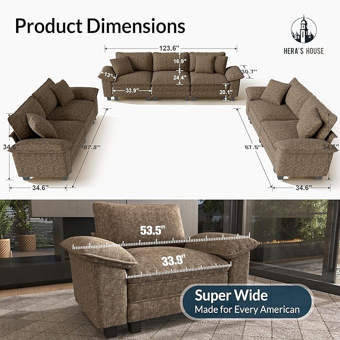 HERA'S HOUSE 3 Pieces Modular Sectional Sofa Sets, Oversized Couch Set with Loveseats, Comfy Cloud Couches with Throw Pillows, 7-Seater Deep Seat Sofa for Living Room, Chenille Taupe