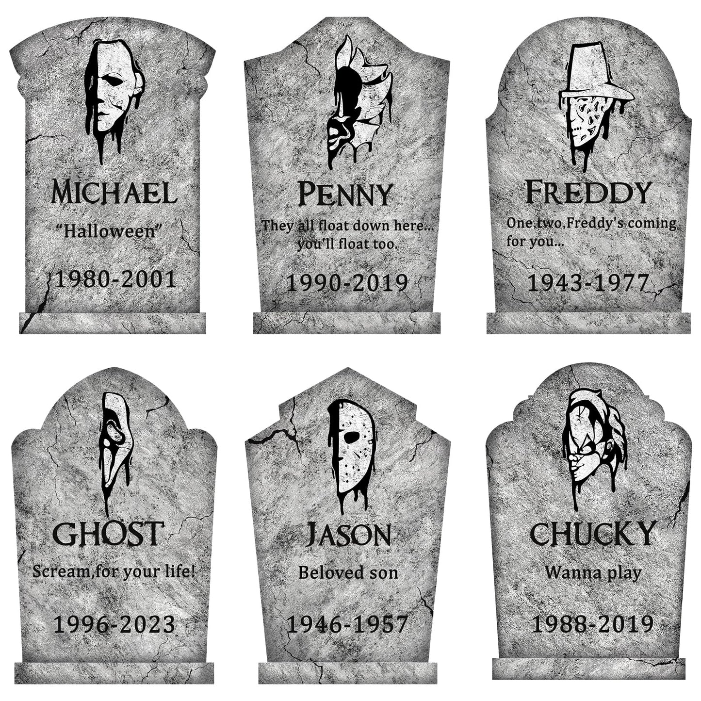 Halloween Decorations Outdoor Graveyard Tombstones: 6ct Large Tombstone Halloween Decor Yard Signs with Stake, 17" Tall Scary Gravestones with Half Killer Face, Waterproof Lawn Decor Outside, Not Foam