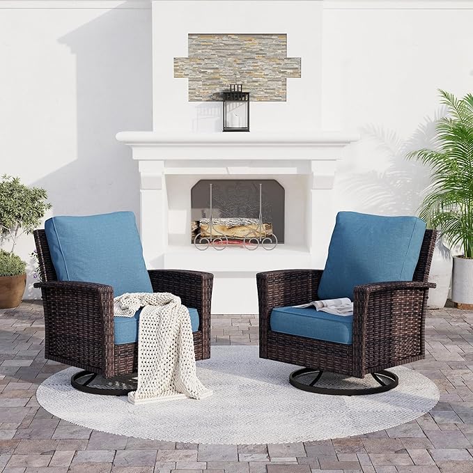 SUNSHINE VALLEY Patio Wicker Swivel Chairs Set of 2, Outdoor High Back Chairs with 5.5" Waterproof Cushions, Outdoor Furniture Set for Deck Porch and Yard, Peacock Blue