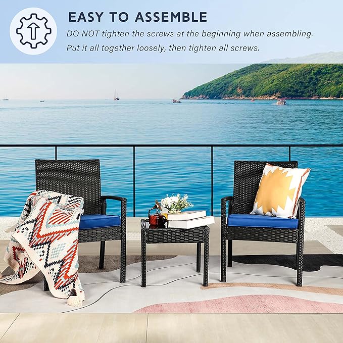 PAOLFOX 3 Piece Outdoor Patio Furniture Sets, Rattan Conversation Set with Soft Cushion, Wicker Chairs with Coffee Table for Yard Backyard Lawn Porch Poolside Balcony, Blue