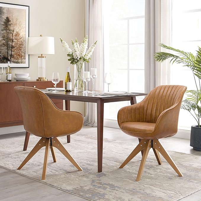Art Leon Mid Century Modern Swivel Accent Chair with Arms, Beech Wood Legs Leather Upholstered Computer Desk Chair for Small Spaces Home Office Living Room Bedroom, Terracotta