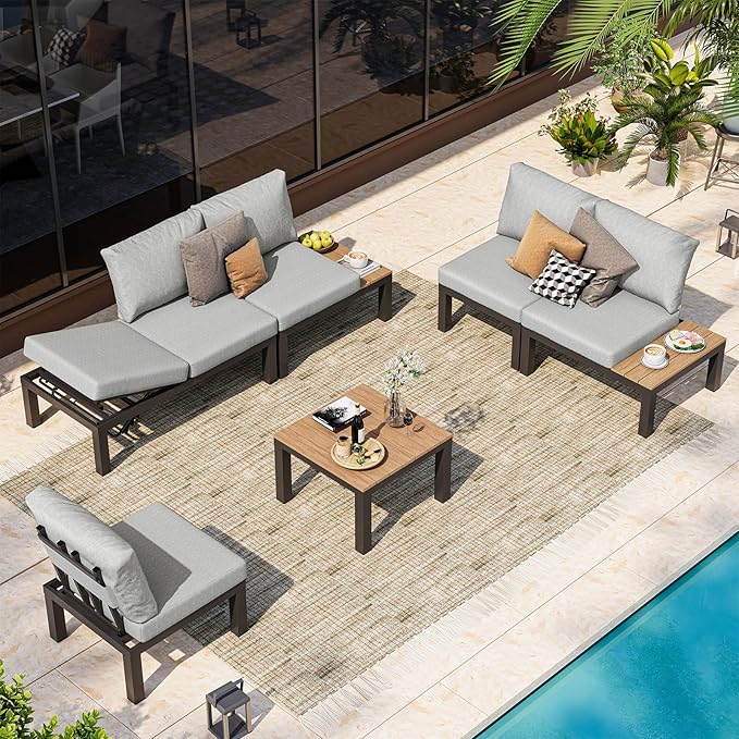 Oasbira Aluminum Modular Outdoor Patio Furniture Set, 6 Seats Patio Sectional Sofa Set with Adjustable Backrest & Thick Cushions, All-Weather Conversation Sets with Table for Garden & Yard, Gray