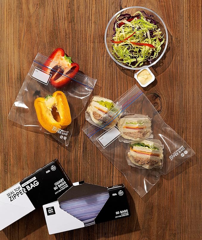 24/7 Bags- Quart Zip Storage Bags, 200 Count, Double Zipper Seal, Easy Grip Open Tabs, Write-On Space, BPA-Free & Heavy Duty, Microwave Safe, Non-StandUp