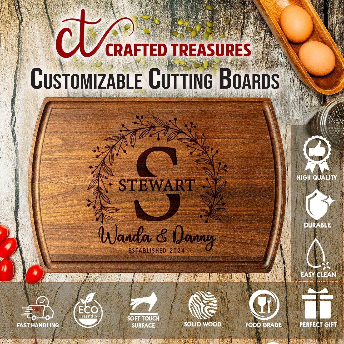 Crafted Treasures Customized Cutting Boards - Personalized Wedding Gift for Couple - Custom Engraved Charcuterie Board - Best Present Idea for Bride, Bridal Shower, Housewarming,Anniversary,Christmas